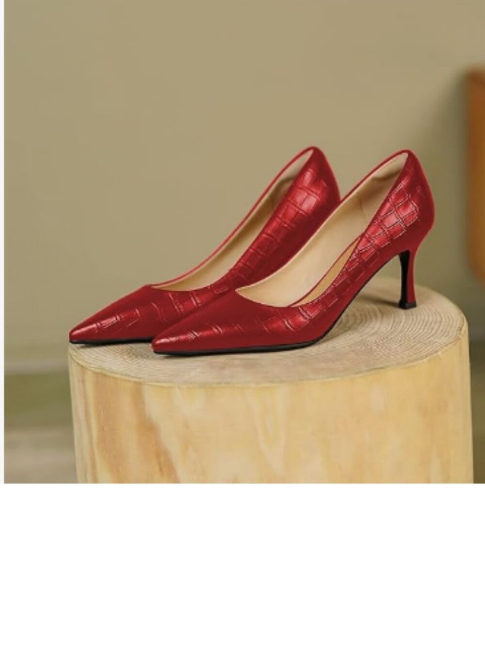 FOWT Red Solid Croc-Embossed Pointed Toe Women Dressy Slip on High Heels Pumps